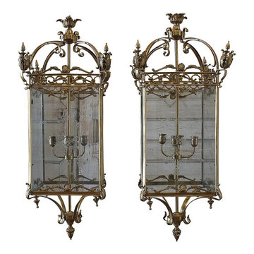 Pair of English Gilt Bronze Lantern Lights with Etched Glass