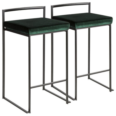 Fuji Contemporary Stackable Counter Stools, Black Green Velvet Cushion, Set of 2