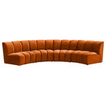 Meridian Furniture - Infinity Channel Tufted Velvet Modular Chair, Cognac, 4 Piece - Create a seating group that works for every possible situation with this Infinity modular 4-piece sectional and other pieces in the Infinity collection. Upholstered in soft cognac velvet material that feels great against the skin and offers long-wearing beauty, this piece fits with other Infinity items for an infinite number of combinations that get your seating requirements just right but that look just as nice when used on their own.