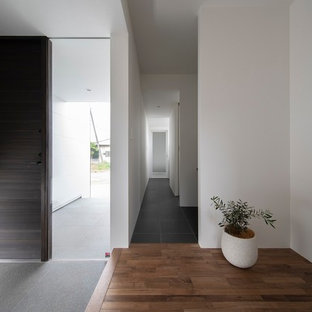 他の地域の片開きドアモダンスタイルのおしゃれな玄関ホール (白い壁、グレーのドア、グレーの床) の写真