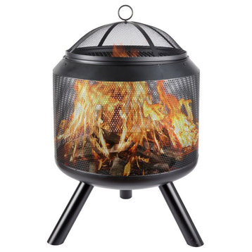 Black Steel Outdoor Large Fire Pit Bowl With Spark Screen for Camping, Backyard