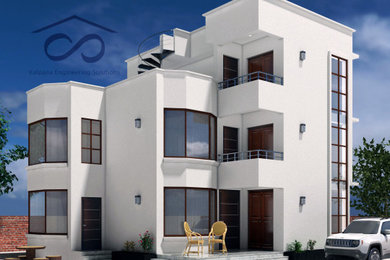 Modelo de fachada de casa blanca contemporánea pequeña de dos plantas con tejado plano