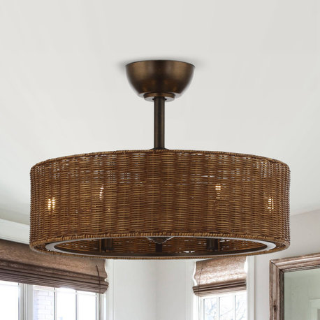 24-inch Farmhouse Rattan Caged Fandelier Ceiling Fan with Remote, ORB