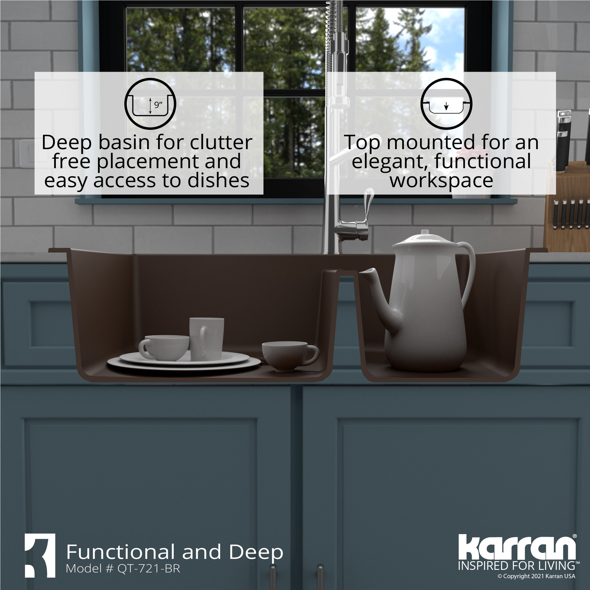 Karran Drop-In Quartz 34" 1-Hole 60/40 Double Bowl Kitchen Sink, Brown