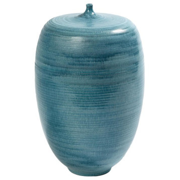 Mid Century Modern Aqua Blue Bottle Vase, 16" Striped Ribbed Fat Sculpture Retro