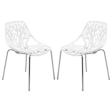 LeisureMod Modern Asbury Dining Chair w/ Chromed Legs, Set of 2, White, AC16W2