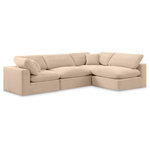 Meridian Furniture - Comfy Upholstered L-Shaped Modular Sectional, Beige, 4-Piece: 2 Armless Chair, 2 Corner Chair, Velvet - Give your space a whole new look with this beige Comfy velvet sectional. This handsome sectional fits nicely with other items in the Comfy collection and is a versatile seating option designed for adaptability, comfort and style. Wrapped in rich beige durable velvet upholstery, this sectional offers a plush embrace of overstuffed down feather cushions, carefully crafted to deliver the highest level of comfort. The perfect seat for creating an oasis for relaxation, this sectional has thick foam surrounding its frame for added support and coziness.