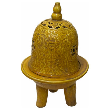Chinese Yellow Mustard Rustic Ceramic Ding Incense Burner Display Hws1801