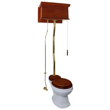 Mahogany High Tank Pull Chain Toilet with White Elongated Bowl Brass Top Entry