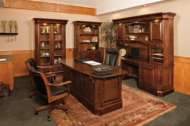 Large elegant freestanding desk carpeted and gray floor study room photo in Other with beige walls