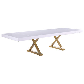 Excel Extendable 2 Leaf Dining Table, Durable Stainless Steel Base, White Lacque