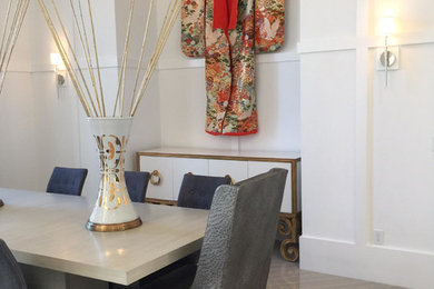 Enclosed dining room - large zen porcelain tile and beige floor enclosed dining room idea in Miami with white walls and no fireplace