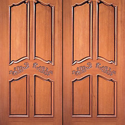 Prehung Double Door, Hand Carved 4-Panel in Mahogany - Front Doors