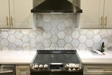 Kitchen - kitchen idea in Other with shaker cabinets and an island