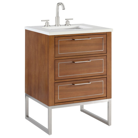 Markham Bathroom Vanity, Walnut/Brushed Nickel, 24", Calacatta Quartz Top