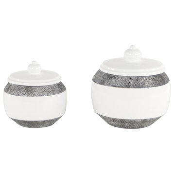 Round Textured Matte Gray & Glossy White Ceramic Jars with Lids | Set of 2