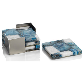 Corfu 4-Piece Set Agate Coasters on Metal Tray, Blue-White