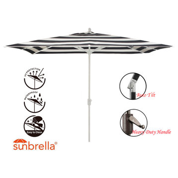 10'x6.5' Rectangular Auto Tilt Market Umbrella, White Frame, Sunbrella, Black Stripe