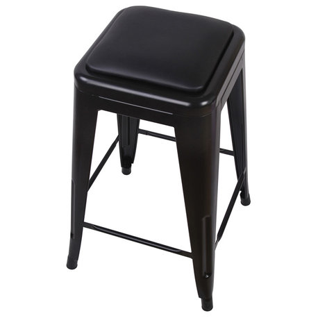 Backless Black Metal Bar Stools, Vegan Leather Seat, Set of 3