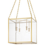 Hudson Valley Lighting - Catskill 4-Light Medium Pendant Aged Brass Finish - A large cube frame is suspended from four intricately-detailed chains giving Catskill an air of sophistication. The lamps come down from the top as opposed to up from the bottom adding to the distinctive style while providing gorgeous downlight. Comes in three finishes: Aged Brass, Aged Iron and Polished Nickel.