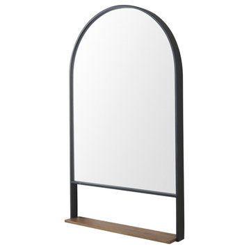 Cora Black Metal Frame With Brown Wood Shelf Arched Wall Mirror, 40" x 24"