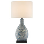 Currey & Company - Ostracon Table Lamp - The Ostracon Table Lamp is made of ceramic with a gray and cream glazing that overlays a swirling blue pattern to give it depth. Sitting atop a black base, the blue table lamp is topped with an ivory shantung shade that echoes the creamy hues in its body.