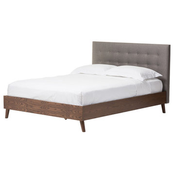 Alinia Retro Fabric Upholstered Walnut Wood Platform Bed, Gray, Queen