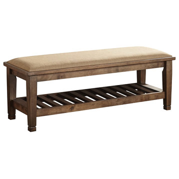 Fabric and Wood Bench, Beige and Burnished Oak