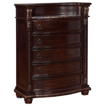 5 Drawers Wooden Chest With Engraved Details And Bun Feet, Cherry Brown