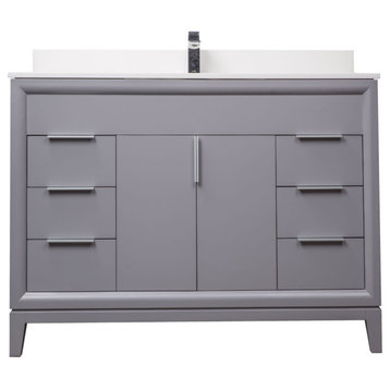 Single Solid Wood Bath Vanity With White Quartz Top, Slate Gray, 48"