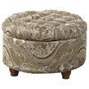 Brown and Teal Pasley, Large Button Tufted Round Storage Ottoman