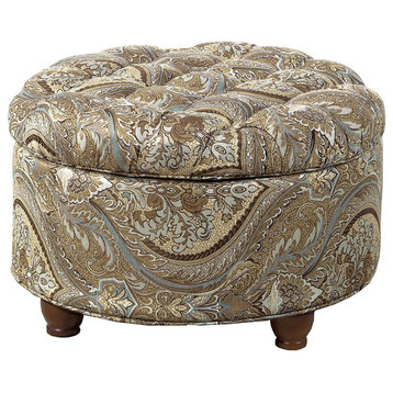 Brown and Teal Pasley, Large Button Tufted Round Storage Ottoman