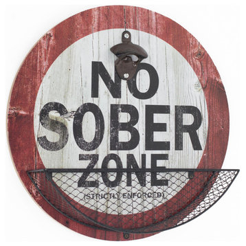 Vintage, Rustic 'No Sober Zone' Bottle Opener & Cap Catcher, 14"x14"