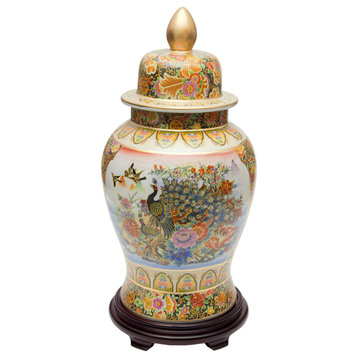 24" Satsuma Peacock Porcelain Temple Jar