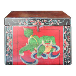 Chinese Vintage Red Black Graphic Theme Trunk Box Chest - Decorative Boxes