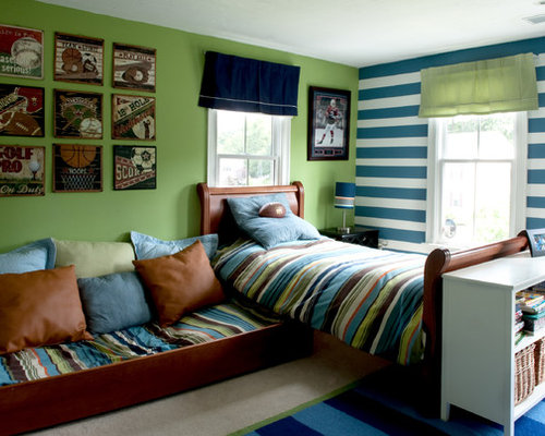 Example Of A Classic Boy Carpeted Kids Room Design In Boston With Green Walls