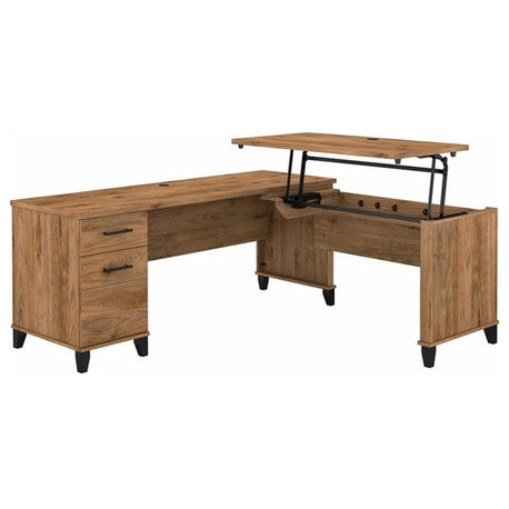 Somerset 3 Position Sit to Stand L Shaped Desk in Fresh Walnut - Engineered Wood