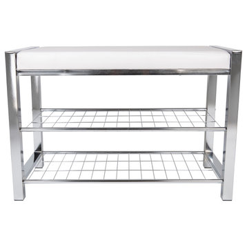 Danya B. Leatherette Entryway Bench with Two Metal Shoe Racks, White/Chrome