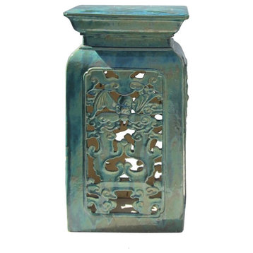 Chinese Ceramic Clay Turquoise Green Square Tall Pedestal Stand
