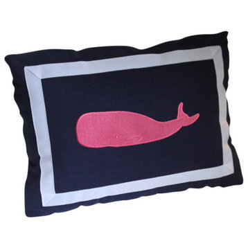 Navy Lumbar Pillow With Whale and Grosgrain, Pink