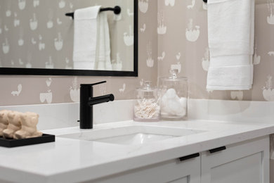 Inspiration for a small coastal kids' single-sink bathroom remodel in Vancouver with shaker cabinets, white cabinets, beige walls, an undermount sink, quartzite countertops, white countertops and a built-in vanity