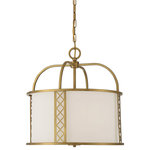 Savoy House - Rockford 3-Light Warm Brass Pendant - Clean and classic lines define the Rockford Collection with its simple frame and crisp lattice trim in a Warm Brass finish silhouetted against a White fabric shade for contrast. Measuring 18" wide x 18" high, the three-light pendant provides ample illumination from three Edison-base 60-watt bulbs.