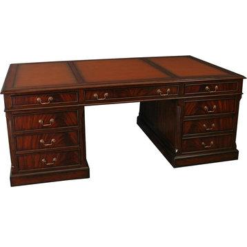 Desk English Style  Rich Mahogany  Antiqued Brass Handles  16-Drawer