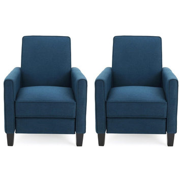 Set of 2 Recliner Chair, Tapered Legs With Padded Seat and Pipe Accents, Navy Blue
