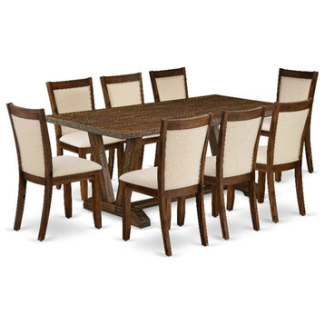 V777MZN32-9- Dinner Table and 8 Light Beige Chairs - Distressed Jacobean Finish