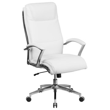 High-Back Executive Office Chair, Headrest and Padded Arms, White Faux Leather