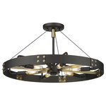 Golden Lighting - Vaughn Medium Semi-Flush With Aged Brass Accents Shade - Industrial by nature, Vaughn fits well in contemporary homes. Inspired by the spokes of a vintage wagon wheel, this collection brings antiquity to the modern age. The Natural Black finish is slightly textured and adds drama to this focal series. Select a monochromatic version or elevate the look by selecting a fixture with contrasting aged brass accents. Pivoting sockets and steel cables act as additional features to the bold design.