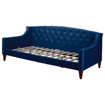 Midcentury Modern Daybed, Wood Slats & Button Tufted Upholstery, Blue
