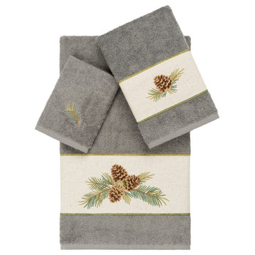 Linum Home Turkish Cotton Pierre 3-Piece Embellished Towel Set, Dark Gray