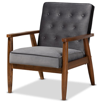 Sorrento Gray Velvet Fabric Upholstered Walnut Finished Wooden Lounge Chair